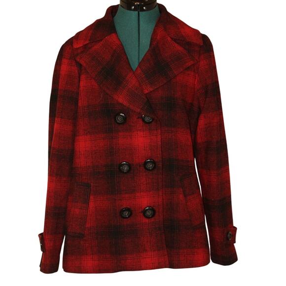 Nomadic Traders Jackets & Blazers - Nomadic Traders Red Black Plaid Peacoat Jacket Women’s Medium Wool Look